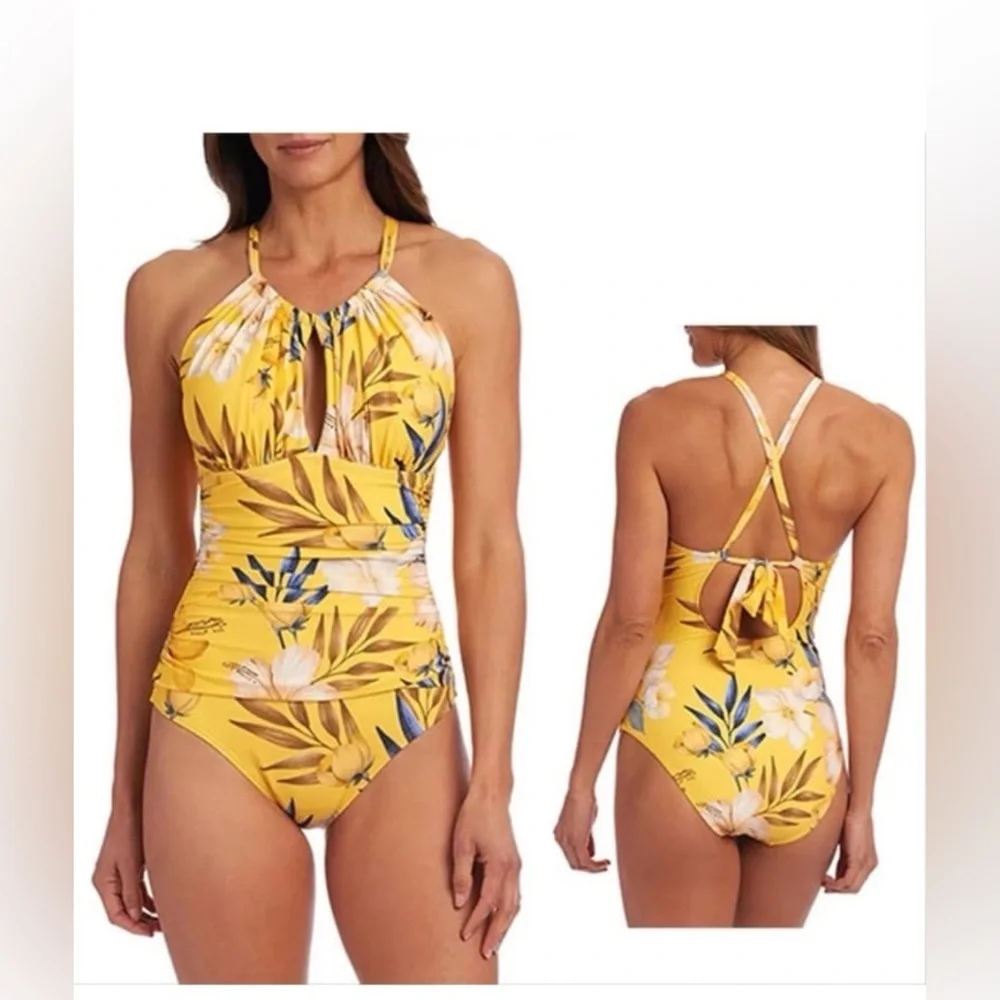 LA BLANCA Butter Yellow Hawaiian Floral Adjustable One Piece - Picture 8 of 8